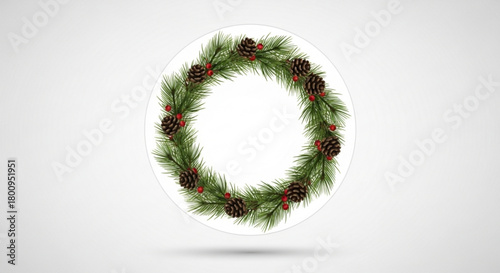 Elegant christmas wreath with pine cones and red berries isolated on, a perfect decoration for holiday season and festive atmosphere