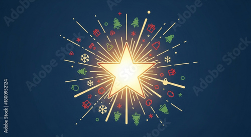 A radiant starburst of festive icons, including christmas trees, snowflakes, and ornaments, emanating from a central star, creating a joyful holiday design on dark blue background