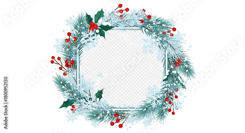 A festive square frame adorned with snowcovered pine branches, vibrant red berries, and lush green holly leaves, creating a charming christmas border isolated on