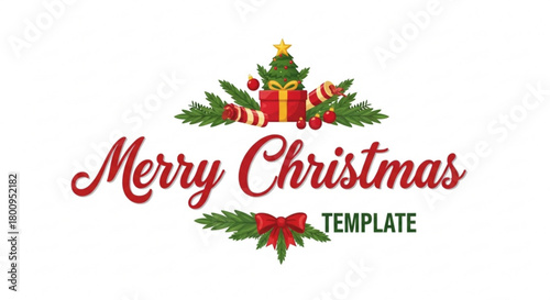 A festive merry christmas template isolated on, featuring a christmas tree, gift, candy canes, and foliage, perfect for holiday greetings