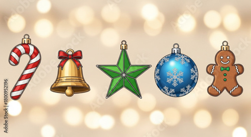 A festive arrangement of christmas ornaments, featuring a candy cane, bell, star, bauble, and gingerbread man, all set against a bokeh background