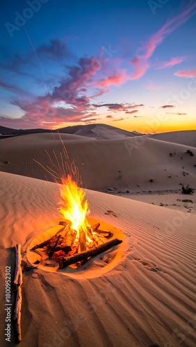 Fototapeta Naklejka Na Ścianę i Meble -  A vibrant bonfire ablaze atop sandy dunes under a dramatic sunset sky. Warm firelight contrasts cool colors
