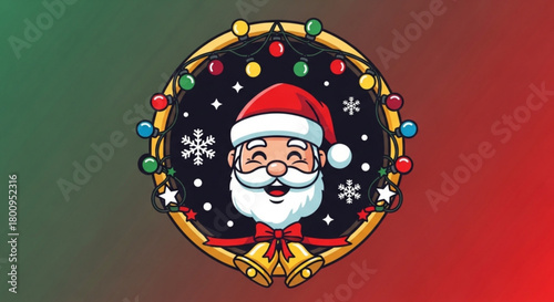 A cheerful santa claus illustration framed by a golden wreath adorned with colorful christmas lights and snowflakes, set against a festive gradient background