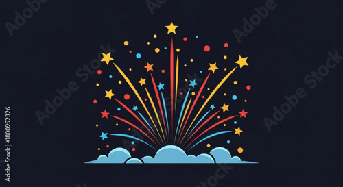 A festive cartoon illustration of fireworks with stars and colorful lines against a dark background, perfect for celebrations
