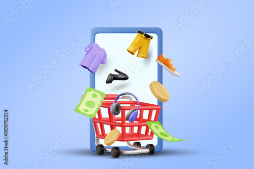 ไอคอน883D vector illustration render of fashion online shopping and ecommerce concept with clothes, pants, shoes, shopping cart, headphones, coins, banknotes on mobile and lifestyle product purchase.