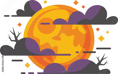 Vector illustration of a large full moon glowing orange behind dark clouds and spooky tree branches on a dark night