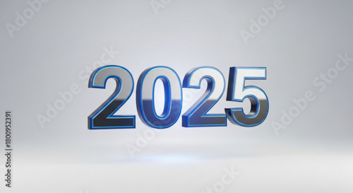 A glossy blue and silver 3d rendering of the year 2025 against a bright white backdrop, symbolizing the future and new year, isolated on