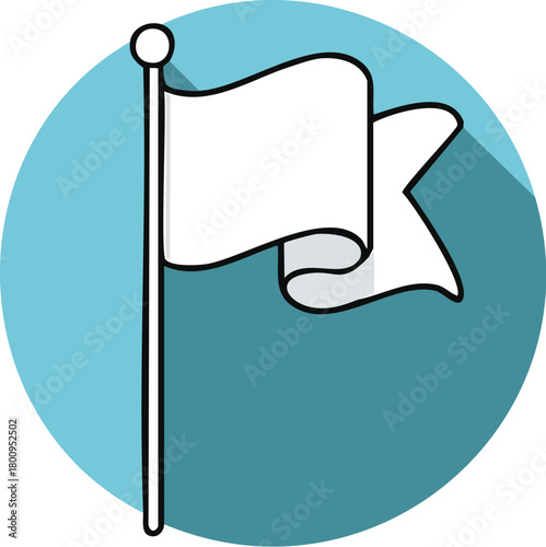 Waving white flag on a flagpole, a simple line art icon symbolizing surrender, truce, or a new beginning. Flat design vector graphic on a colored background