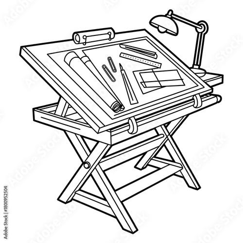 Drafting Table Coloring Page Artist Desk Tools Outline Illustration