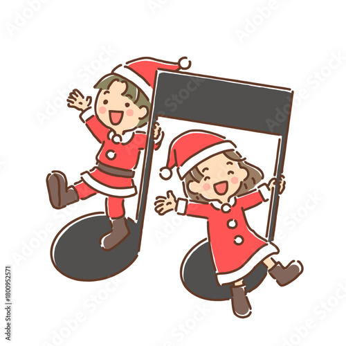 音符に乗って手を振っているサンタクロース姿の男の子と女の子・フルカラー