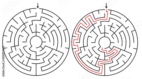 Round Maze Game for Kids and Adults - Easy Circular Maze Game Flat Vector Black and White Outline Illustration - Problem Solving Game kdp.