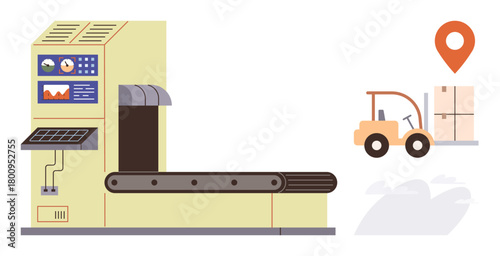 Conveyor with control panel transfers goods to forklift near location marker. Ideal for automation, logistics, efficiency, transportation, supply chain, industry, and delivery concepts. Simple flat