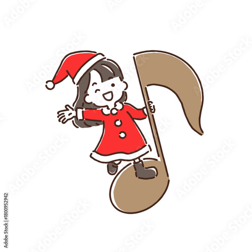 サンタクロース姿で音符に乗って手を振っている女の子
