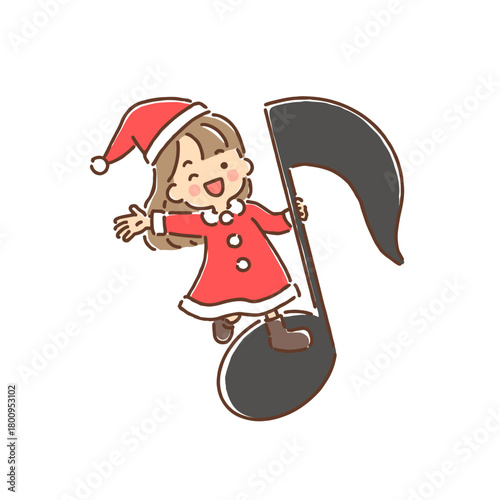 音符に乗って手を振っているサンタクロース姿の女の子・フルカラー