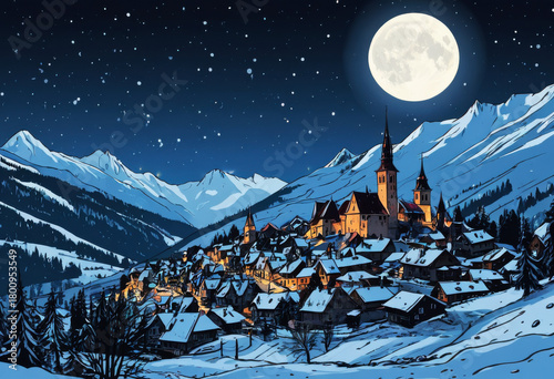View of a mountain village in Transylvania, Romania, with a castle silhouetted against a full moon and snow. Doodle style illustration.