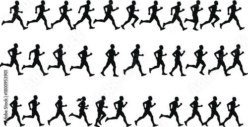 Running animation silhouette sequence of male and female athletes showing motion cycle for fitness, sports training, movement study, cad drawing flat vector illustration