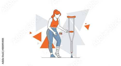 Woman With Leg Injury Using Crutches, Recovering From Accident or Surgical Treatment