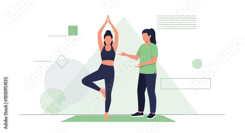 Yoga Practice: Instructor Guiding Person Performing Tree Pose, Healthy Lifestyle Concept