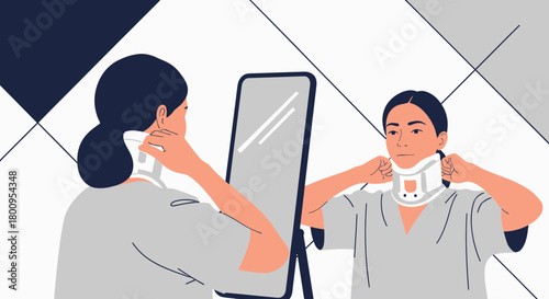 Woman Assessing Neck Brace in a Mirror Depicting Health and Injury Concerns