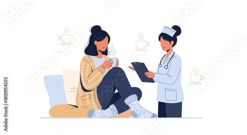 Woman Consulting With Doctor While Drinking Hot Beverage for Medical Advice