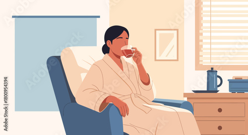 Woman Enjoying Drink In Armchair During Relaxation Time In a Calm Home Interior