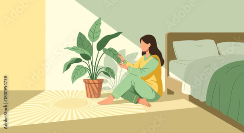 Woman Touching Plant in Bedroom With Natural Sunlight at Morning, Peaceful Moment