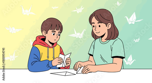 Woman Teaches Child Artistic Origami Paper Crafting, Creative Folding Origami Crane Concept