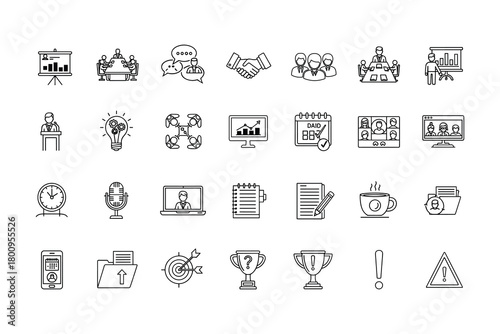 Business meeting and presentation icon set. Corporate communication and office vector symbols