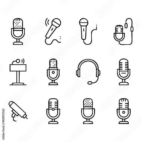 Collection of 12 microphone icons in outline style for audio recording communication and broadcasting applications