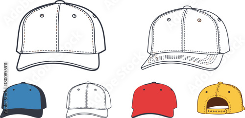 Illustration of baseball caps in various styles and color options