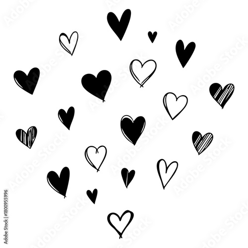 Hand drawn black hearts and outline heart shapes scattered on a white background symbolizing love and romance