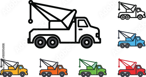 Line art and colorful illustrations of a tow truck vehicle design