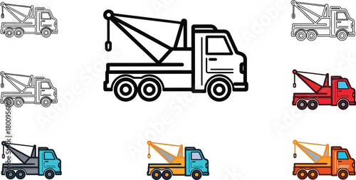 Collection of tow truck icons in various styles and colors