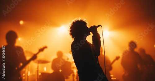 Dramatic shot of rock band in concert, frontman singing passionately against vibrant orange backdrop