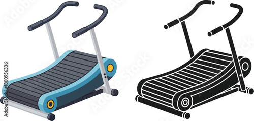 Self propelled curved treadmill illustration in color and monochrome line art