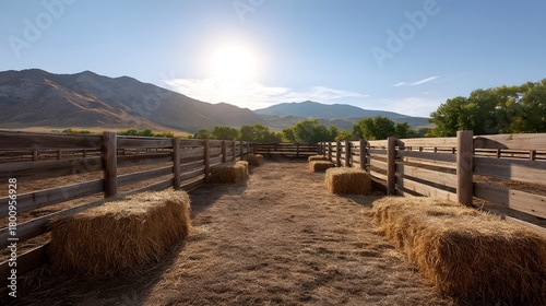 Sunlit ranch corral with hay bales and wooden fences against a mountain landscape at golden hour