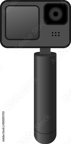 Vector illustration of a handheld action camera mounted on a stabilizer grip, representing portable video recording, vlogging equipment, and adventure filmmaking