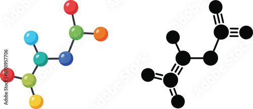 Colorful and monochrome representations of a branched organic molecule structure
