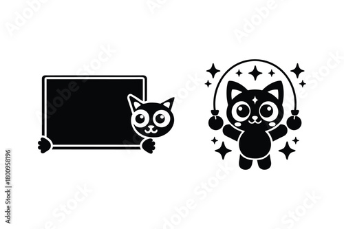 Cute black cat glyph icons, cartoon kitten jumping rope and holding sign board vector illustration