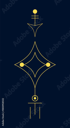 Minimalist tribal symbol featuring clean geometric line art. The elements arranged symmetrically to create a mystical and spiritual aesthetic. Perfect for tattoo, boho decorations, celestial themes.