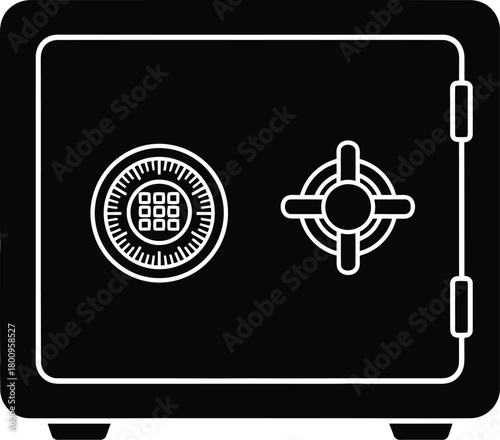 A black and white illustration depicting a closed metal safe with a dial lock