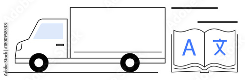 Delivery truck alongside open book with multilingual text portrays concepts of logistics, translation, and communication. Ideal for language service, globalization, education, transportation