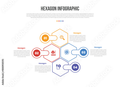 hexagon base shape infographics template diagram with vertical structure with circle badge opposite direction with 4 point step creative simple flat outline