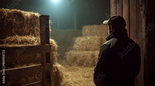A lone farmer stands in a shadowy barn illuminated by a single bright light amidst towering stacks of golden hay bales