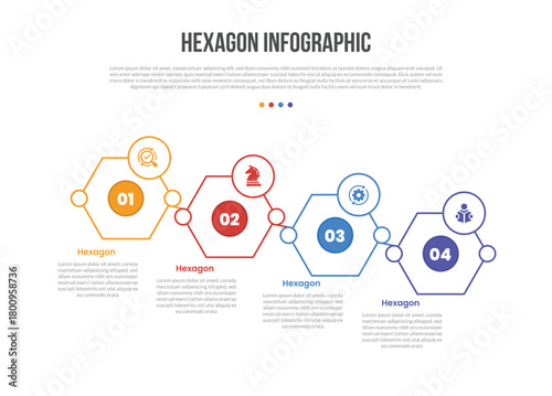 hexagon base shape infographics template diagram with stepping down staircase with circle badge on top side with 4 point step creative simple flat outline