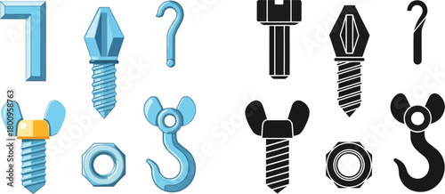 A collection of various metal fasteners including screws bolts and hooks
