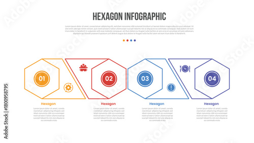 hexagon base shape infographics template diagram with creative slice cut shape with distance on shape with 4 point step creative simple flat outline