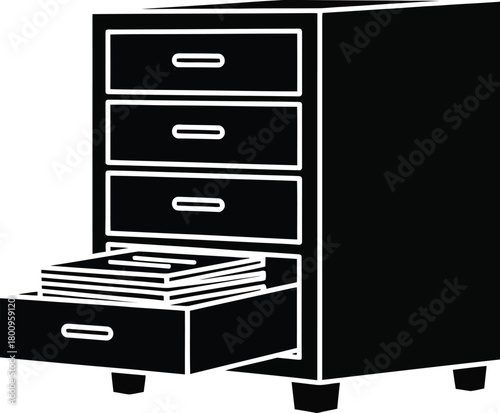 A simple black and white illustration of a filing cabinet with open drawer