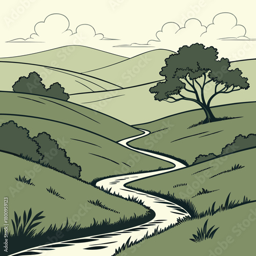 Scenic countryside landscape with rolling hills, river, and a solitary tree