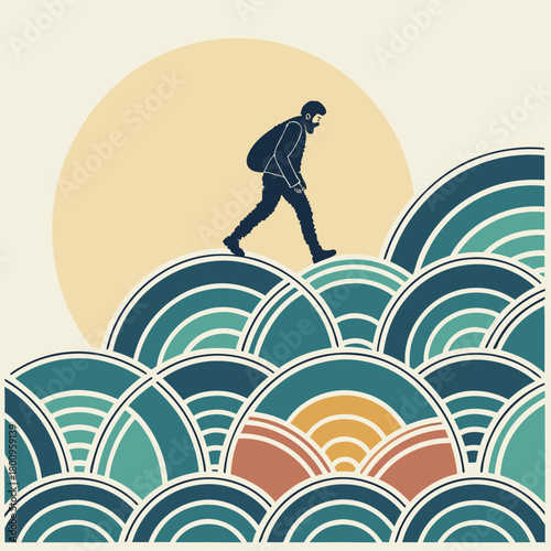 Man with backpack walking on hills with sun isolated on